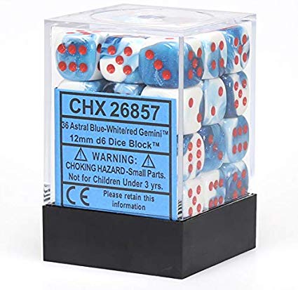 Chessex Dice: Astral Blue/White/Red 12mm d6 Dice Block (36)