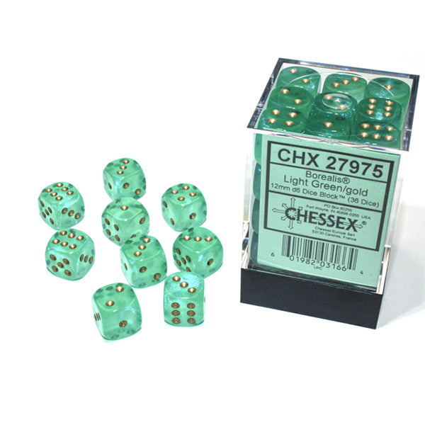 Chessex Dice 12mm d6 Borealis: Light Green/Gold (36)