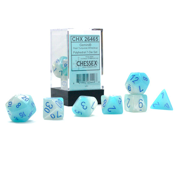 Chessex Dice: Gemini Luminary Pearl Turquoise-White/Blue 7-Dice Set