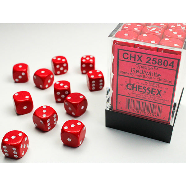 Chessex Dice: Opaque Red/White 12mm 36d6 Dice Block (36 dice)