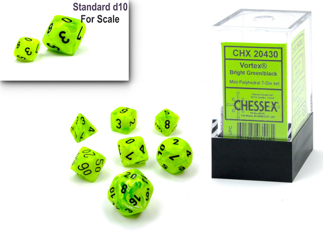Chessex Dice: Vortex Mini Bright Green/black 7-Die Set