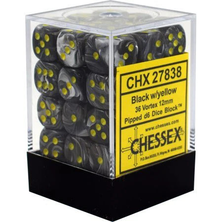 Chessex Dice: Vortex Black/Yellow 12mm d6 Dice Block (36 dice)