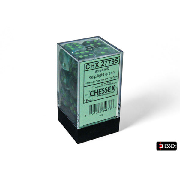 Chessex Dice: 12d6 16mm Borealis Luminary Kelp/Light Green