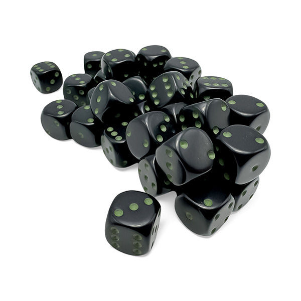 Chessex Dice: Opaque Black/Green 12mm 36d6 Dice Block (36)