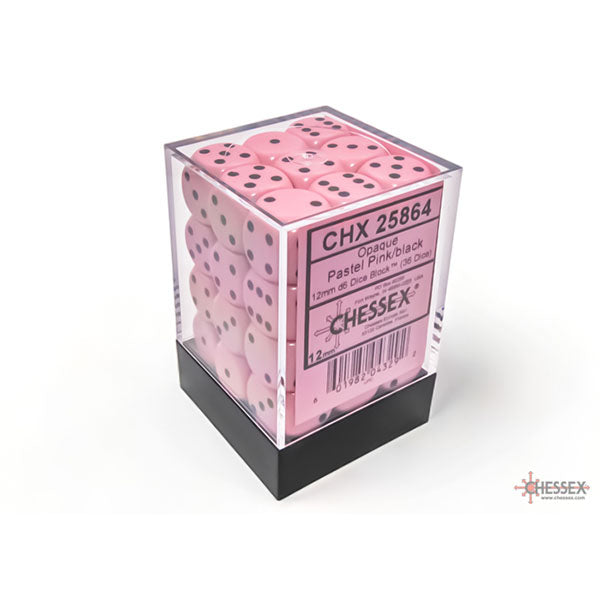 Chessex Dice: Opaque Pastel Pink/Black 12mm 36d6 Dice Block (36)