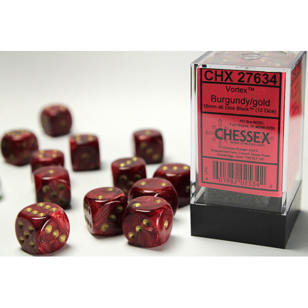Chessex Dice: Vortex Burgundy/gold 16mm d6 Dice Block (12 dice)