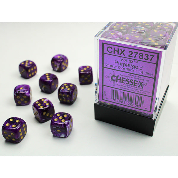 Chessex Dice 12mm 36d6 Vortex Purple/Gold (36ct)