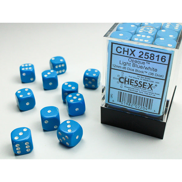 Chessex Dice: Opaque Light Blue/White 12mm 36d6 Dice Block (36)