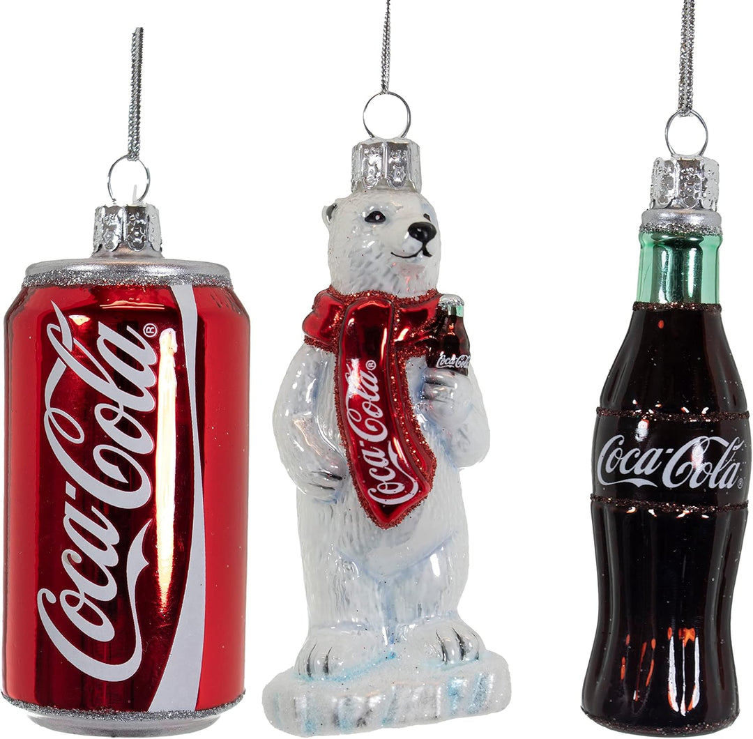 Coca-Cola Hand-Crafted Glass Christmas Ornament 3-piece