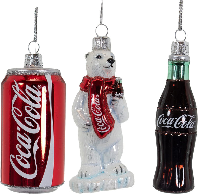 Coca-Cola Hand-Crafted Glass Christmas Ornament 3-piece