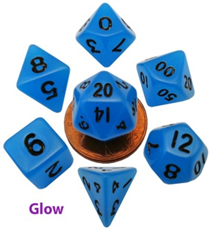 Metallic Dice Games: Mini Polyhedral Dice Set Glow Blue w/Black (7ct)