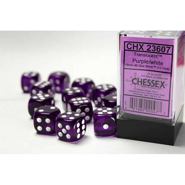Chessex Dice 16mm d6 Translucent: Purple/White (12)