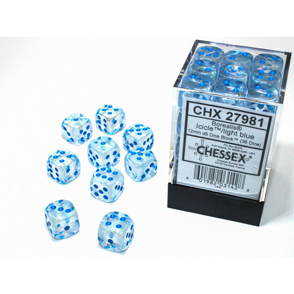 Chessex Dice 12mm d6 Borealis: Icicle/Light Blue (36)