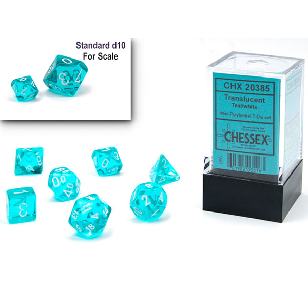 Chessex Dice: Mini Translucent Teal/White 7-Die Set