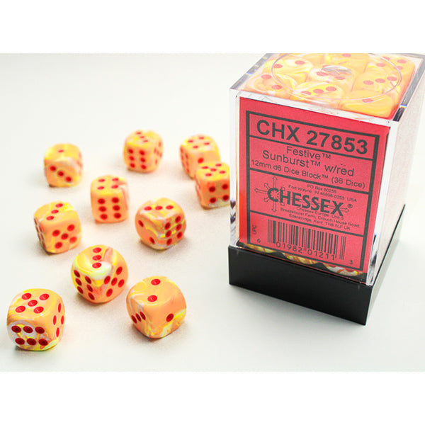 Chessex Dice 12mm d6 Festive Sunburst w/Red (36)