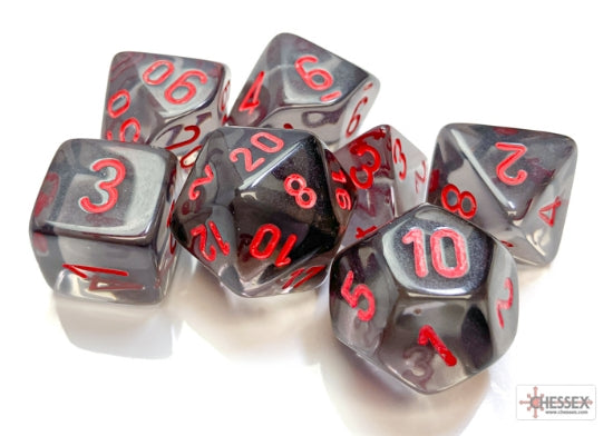 Chessex Dice: Translucent Poly Smoke/Red (7) Revised