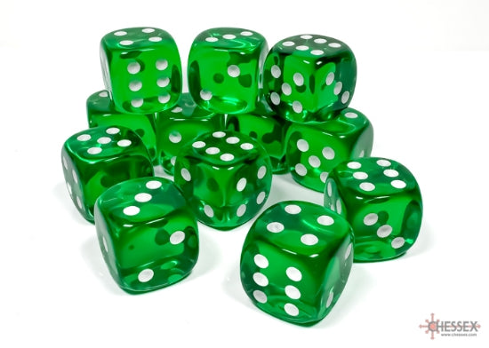 Chessex Dice: Translucent Green/white 16mm d6 Dice Block (12 dice)