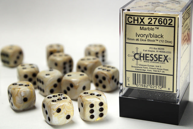 Chessex Dice: Marble Ivory/black 16mm d6 Dice Block (12 dice)