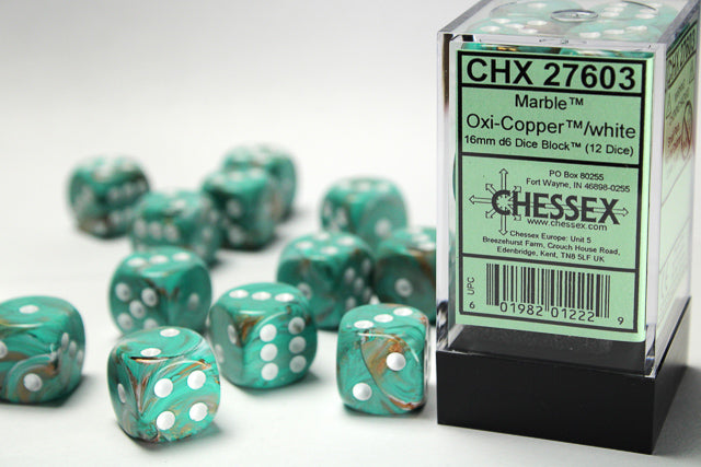Chessex Dice: Marble Oxi-Copper/white 16mm d6 Dice Block (12 dice)