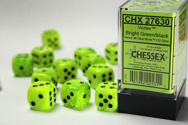 Chessex Dice: Vortex Bright Green/black 16mm d6 Dice Block (12 dice)