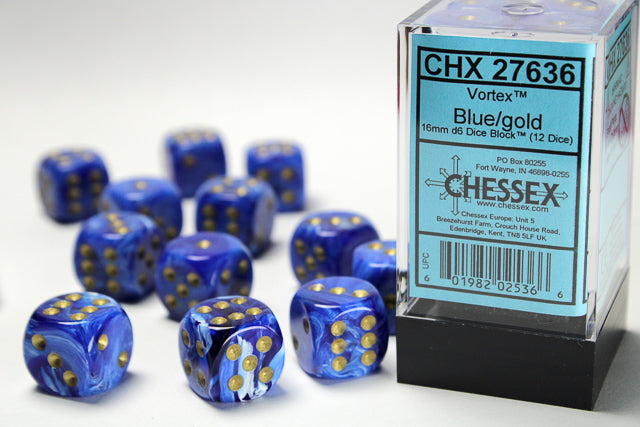 Chessex Dice: Vortex Blue/gold 16mm d6 Dice Block (12 dice)