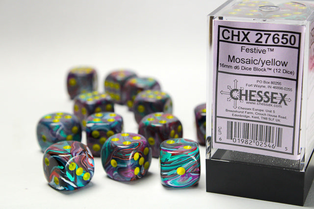 Chessex Dice: Festive Mosaic/yellow 16mm d6 Dice Block (12 dice)