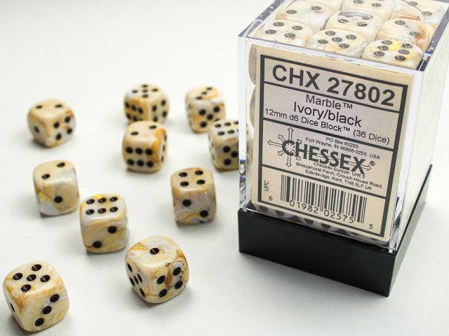 Chessex Dice: Marble Ivory/black 12mm d6 Dice Block (36 dice)