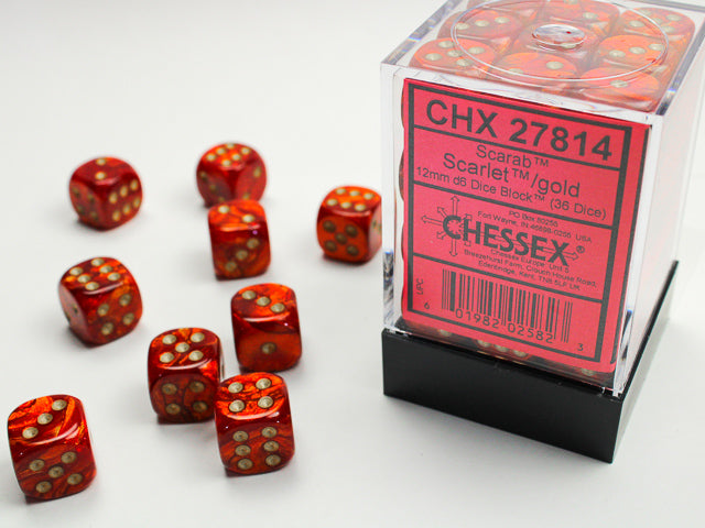 Chessex Dice: Scarab Scarlet/gold 12mm d6 Dice Block (36 dice)