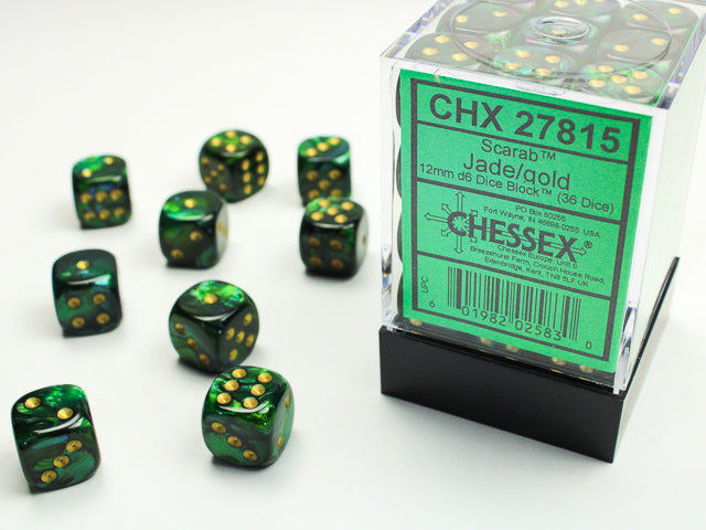 Chessex Dice: Scarab Jade/gold/Black 12mm d6 Dice Block (36 dice)
