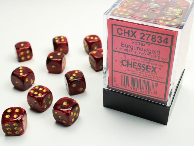 Chessex Dice: Vortex Burgundy/gold 12mm d6 Dice Block (36 dice)