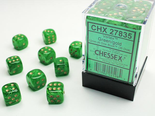 Chessex Dice: Vortex Green/gold/Black 12mm d6 Dice Block (36 dice)