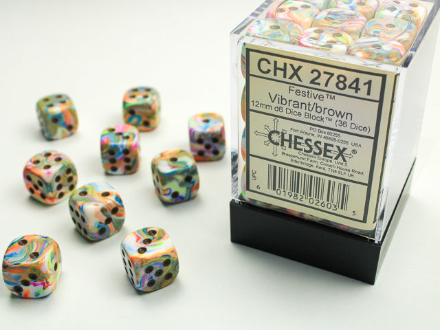 Chessex Dice: Festive Vibrant/brown 12mm d6 Dice Block (36 dice)