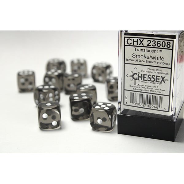 Chessex Dice 16mm d6 Translucent: Smoke/White (12)