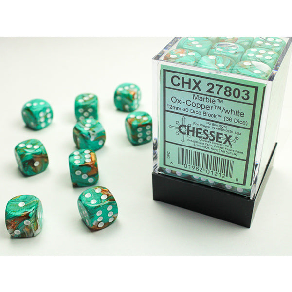 Chessex Dice 12mm d6 Marble: Oxi-copper/White (36)