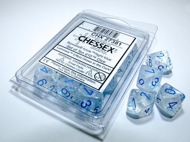 Chessex Dice: 10d10 Borealis Luminary - Icicle - Light Blue - The Hobby Hub