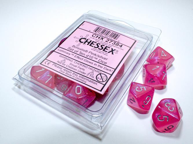 Chessex Dice 10d10 Borealis Luminary: Pink/Silver - The Hobby Hub
