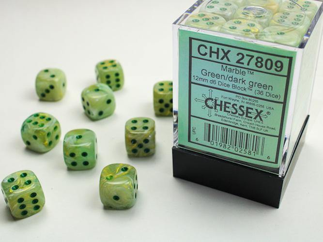 Chessex Dice 12mm d6 Marble: Green/Dark Green - The Hobby Hub
