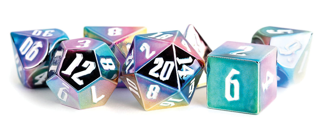 Metallic Dice Games - 16mm Aluminum Plated Acrylic poly dice set Rainbow Aegis w/ White Numbers