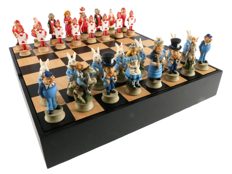Alice In Wonderland Black/Maple Chess Set with Black Keepsake Box