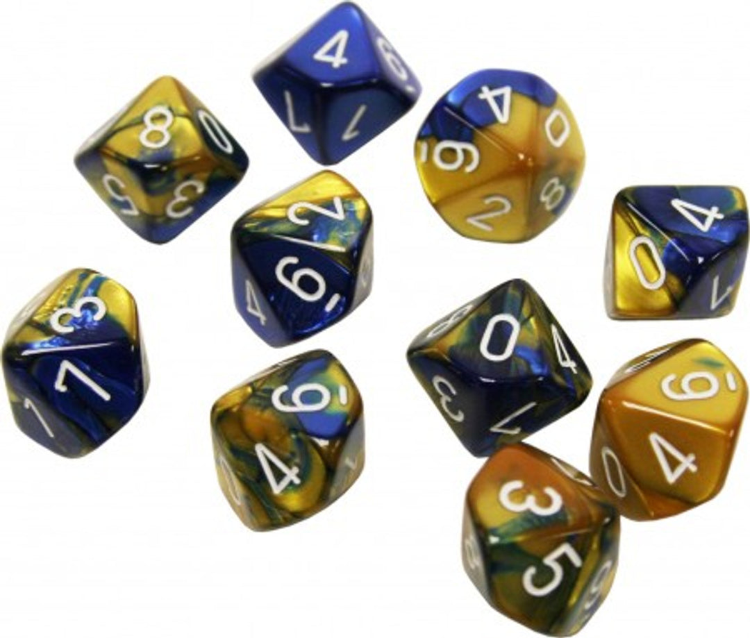 Chessex Dice: Gemini set of 10 Blue-Gold/White D10s