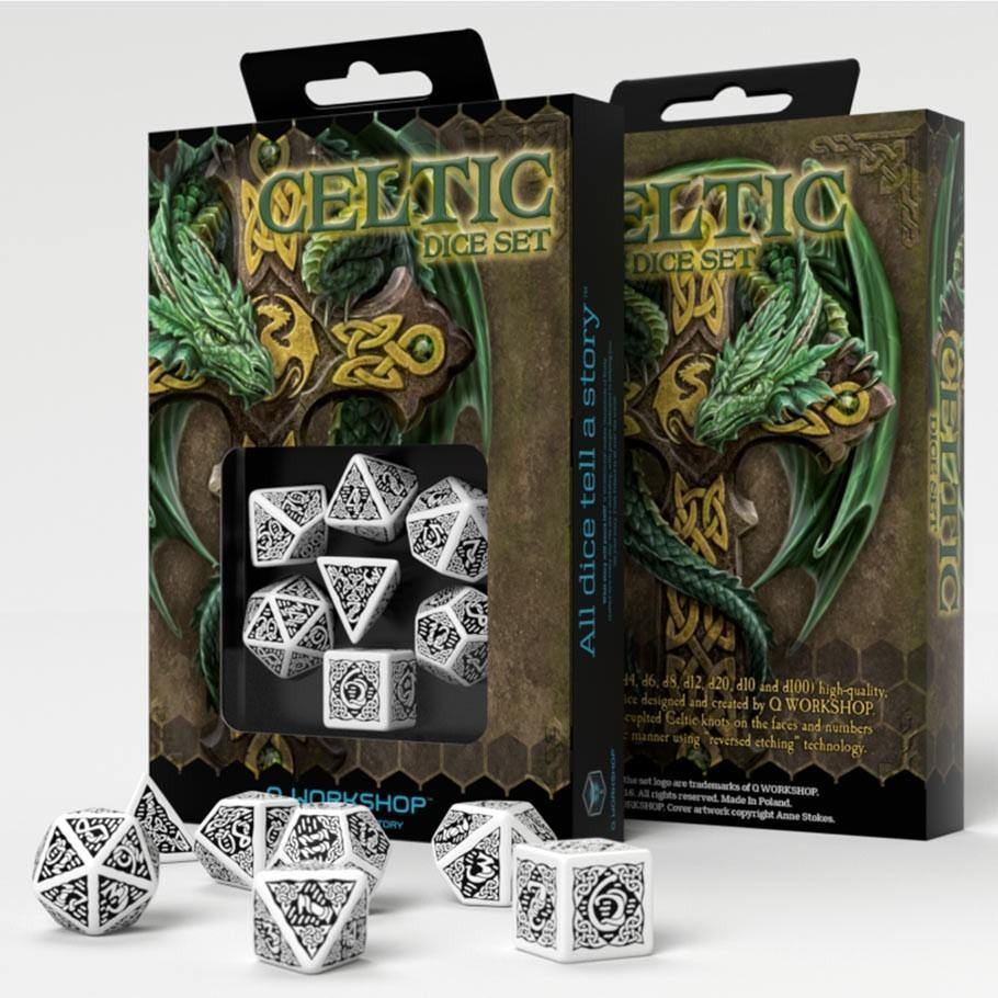 Q-Workshop Celtic 3D Polyhedral Dice 7ct Set White &amp; Black Revised - The Hobby Hub