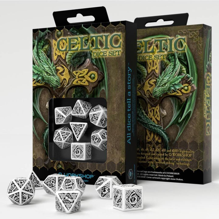 Q-Workshop Celtic 3D Polyhedral Dice 7ct Set White &amp; Black Revised - The Hobby Hub