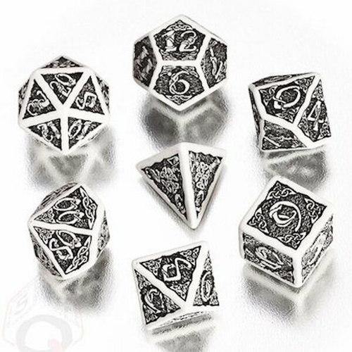 Q-Workshop Celtic 3D Polyhedral Dice 7ct Set White &amp; Black Revised - The Hobby Hub