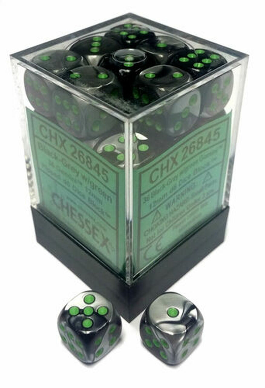 Chessex Dice: Gemini 5 - 12mm D6 Black Grey/Green (36)