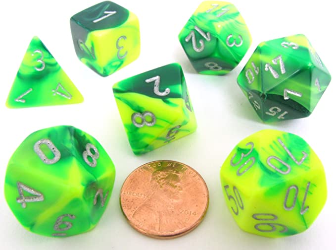 Chessex Dice: Gemini Green/Yellow With Silver (7)