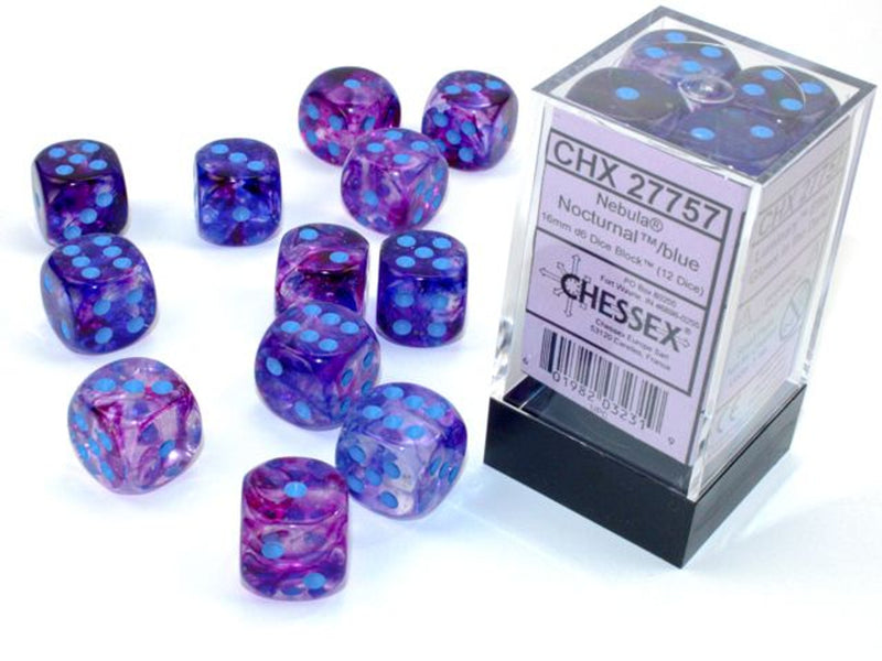 Chessex Dice: Nebula 16mm D6 Nocturnal/Blue Luminary (12)