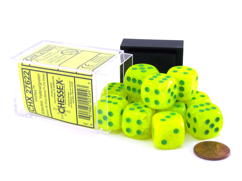 Chessex Dice: Vortex 16mm D6 - Bright Electric Yellow with Green (12)