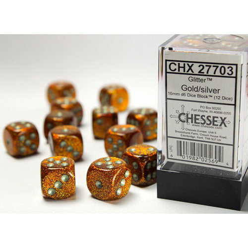 Chessex Dice Glitter Gold/Silver 16mm d6 (12)