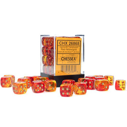 Chessex Gemini 12mm D6 Translucent Red Yellow/gold Dice (36ct)
