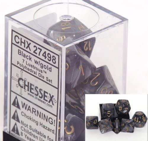 Chessex Dice: Polyhedral 7 Die Lustrous Set Black & gold